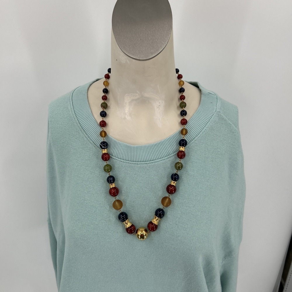 Vintage 80s Liz Claiborne Acrylic Gold Tone Multicolor Beaded Necklace 27"